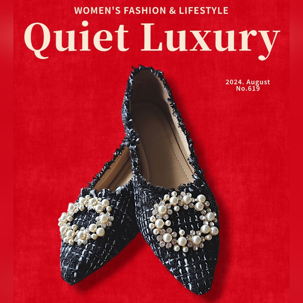 Tweed Point Toe Flats with Faux Pearls & Diamonds EUR40